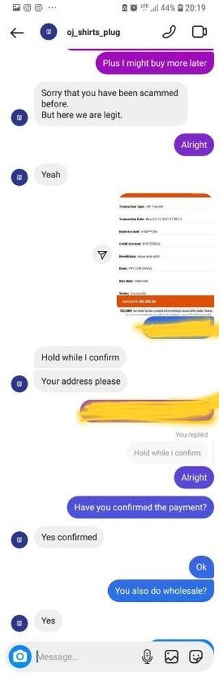Screenshot: The scammer confirming the receipt of the money