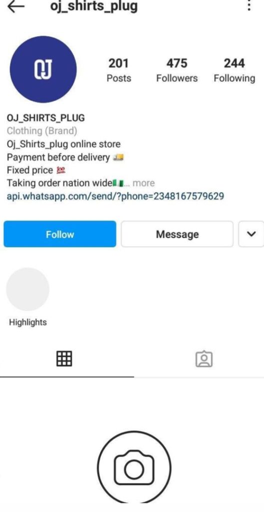 Instagram page of the Scammer